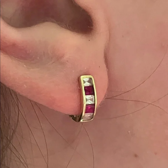 14k Yellow Gold Kids Small Earrings with Pink Gem Accents - Picture 3 of 14